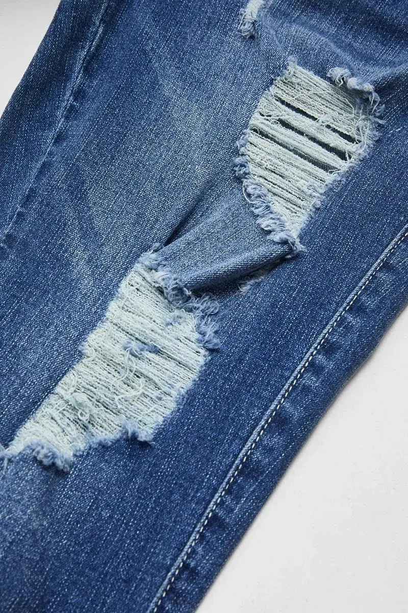 Button Fly Ripped Wash Stretchy High Waist Capri Jeans