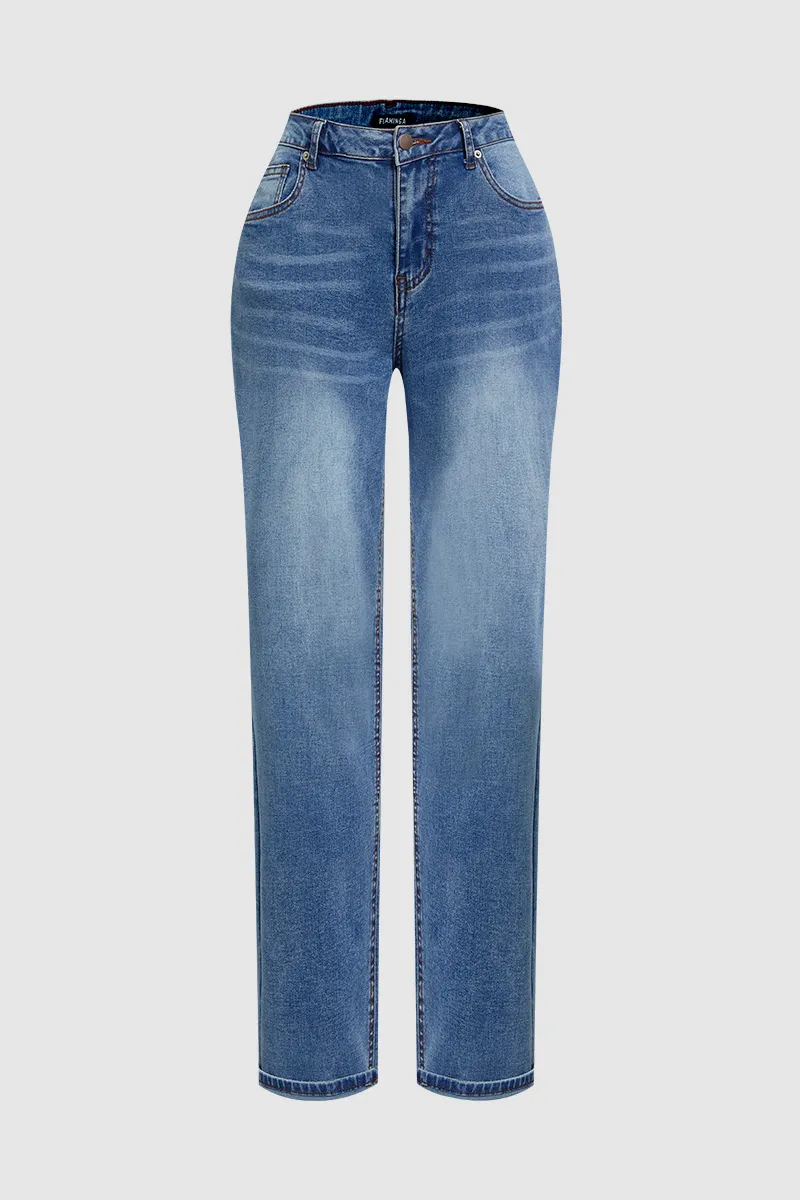 Roll Hem Mid Waist Crop Straight Leg Jeans Without Belt