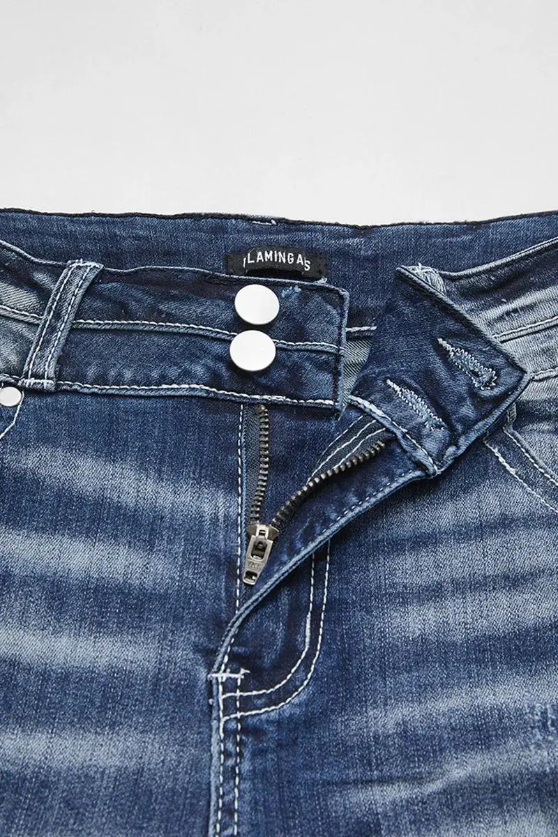 Ripped Roll Hem Double Button Mid Waist Denim Bermuda Shorts