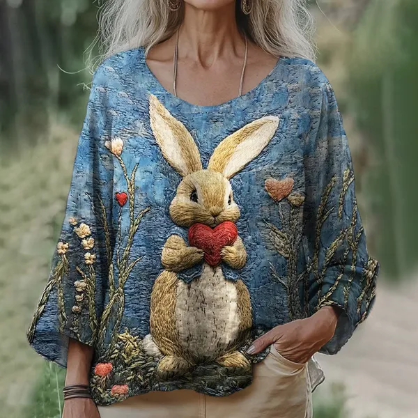 Love Bunny Animal Embroidery Women's Linen Loose Shirt