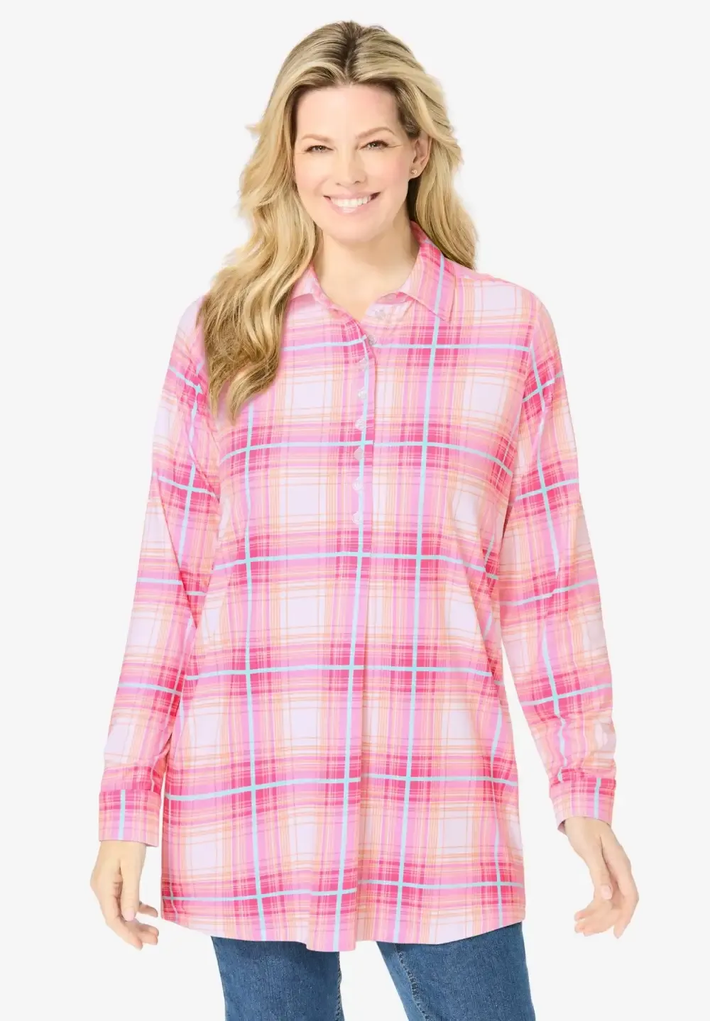 Plaid Knit Tunic With Collar