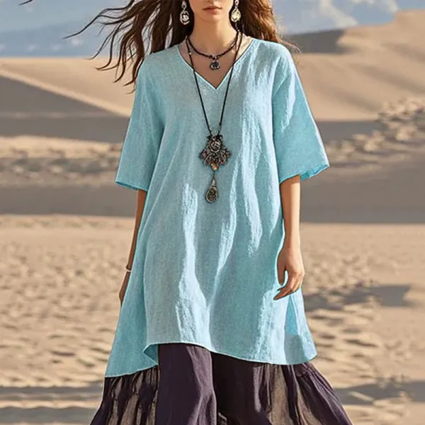 Vintage Colorblocked Linen Blend Cozy Maxi Dress