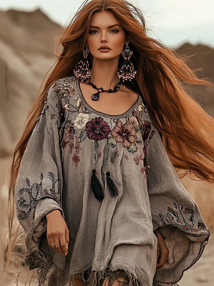 Boho Floral Embroidery Art Cotton And Linen Blend Casual Blouse