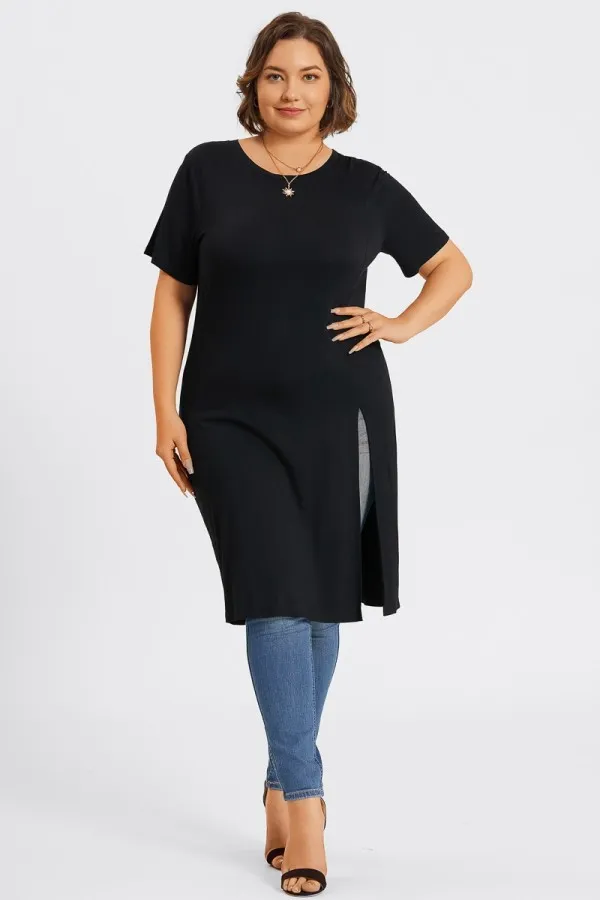 Black Crew Neck Split Front Long Tunic
