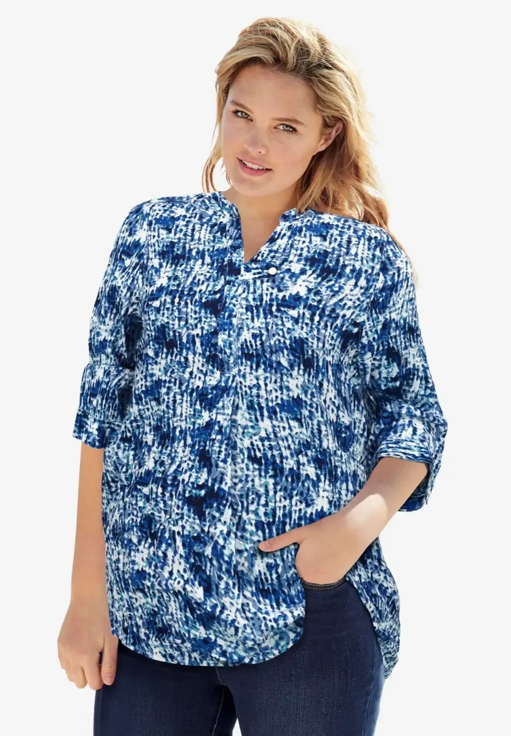 Rayon 7-Day Three-Quarter Sleeve Tab-Front Tunic