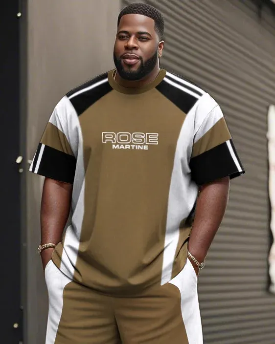 Men'S Plus Size Functional Striped Stitching Print Short Sleeve T-Shirt Shorts Suit