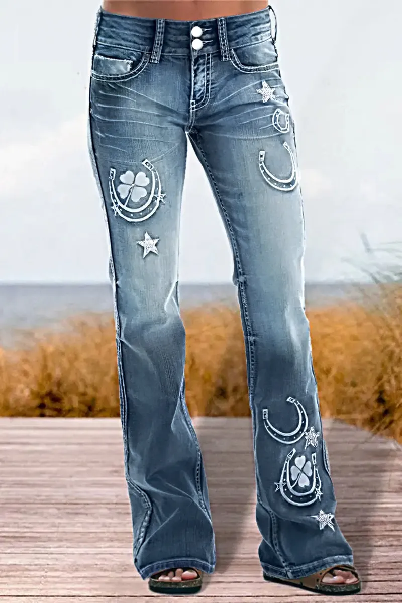 Star & Moon Pattern Double Button Mid Rise Flare Jeans