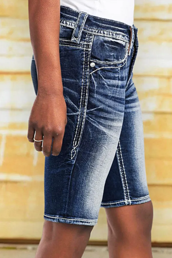 Washed Stretchy Stitch Detail Mid Rise Denim Bermuda Shorts