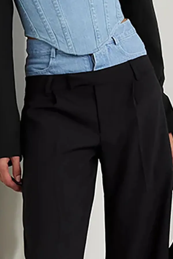 Unique Bicolor Double Waist High Rise Straight Leg Full Length Hybrid Pants