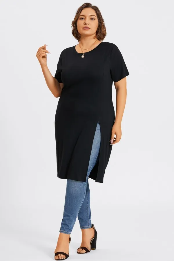 Black Crew Neck Split Front Long Tunic