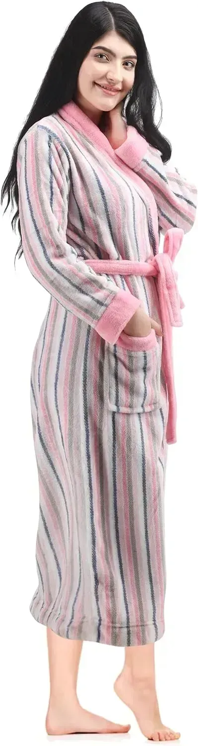 Women Fleece Shawl Collar Bathrobe - Plush Long Robe
