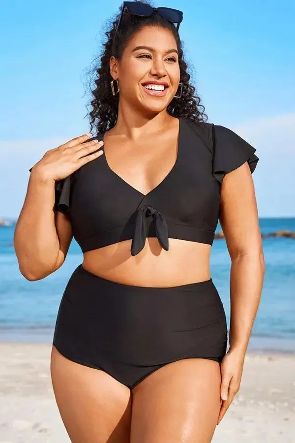 White Flutter-Sleeve Tie Detail Bikini Top