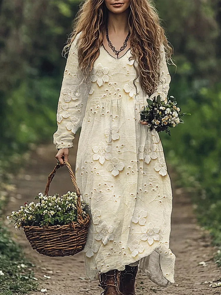 Cottage 3d Floral Embroidery Lace Linen Blend Maxi Dress