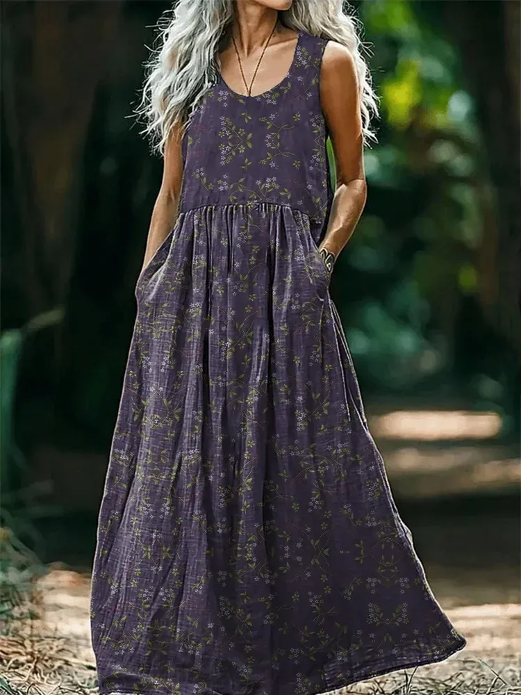 Women's Retro Floral Art Sleeveless Linen V-neck Maxi Dress