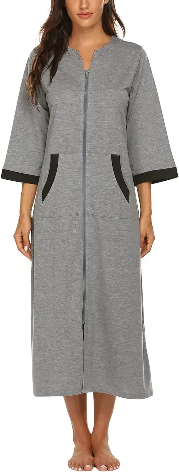 Women Zipper Robe 3/4 Sleeves Loungewear Dress Full Length Sleepwear Pockets Housecoat Nightgown Long Bathrobe
