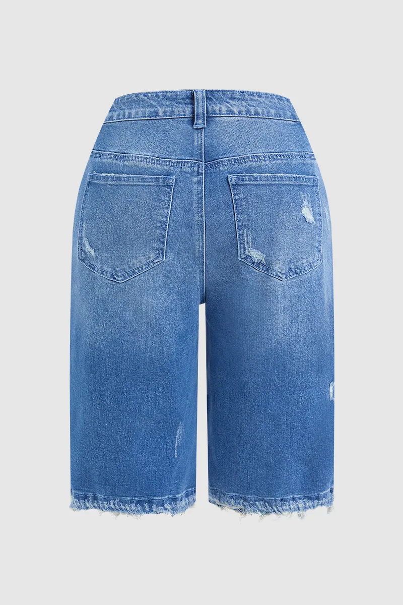 Wash Raw Hem Ripped Mid Waist Straight Leg Denim Bermuda Shorts