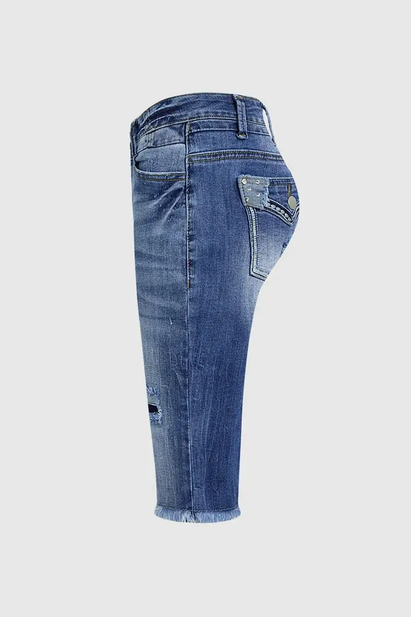 Ripped Raw Hem Mid Rise Denim Bermuda Shorts