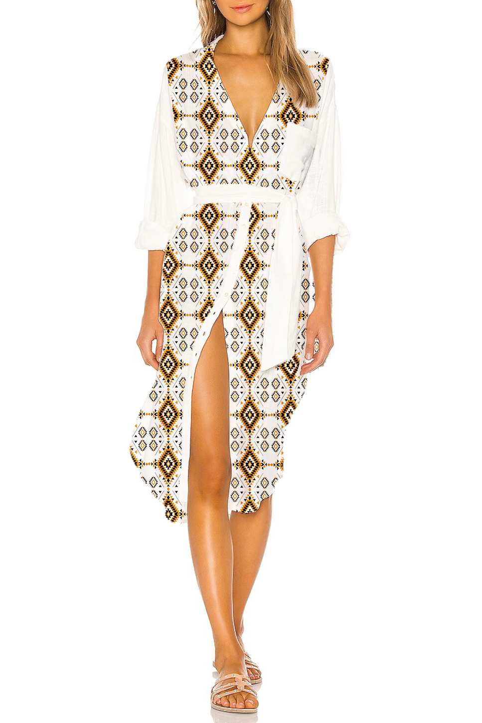 Geometric Pattern Wrap Style Asymmetric Dress