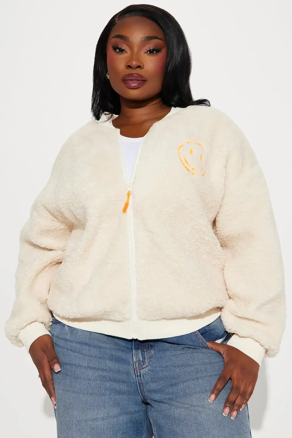 Fake Smiles Embroidered Sherpa Jacket - Cream