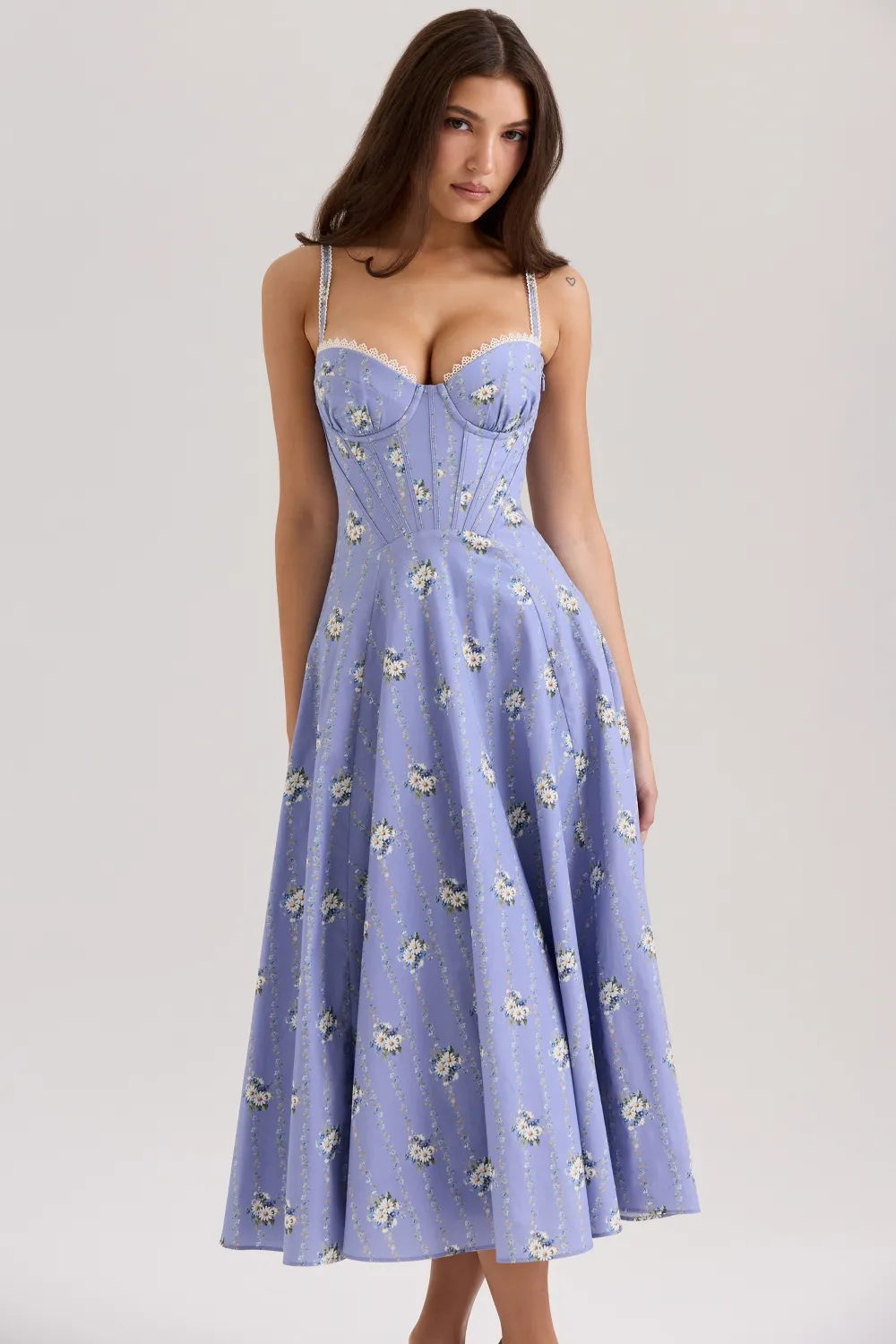 Cream Stretch Cotton Floral Print Midi Sundress