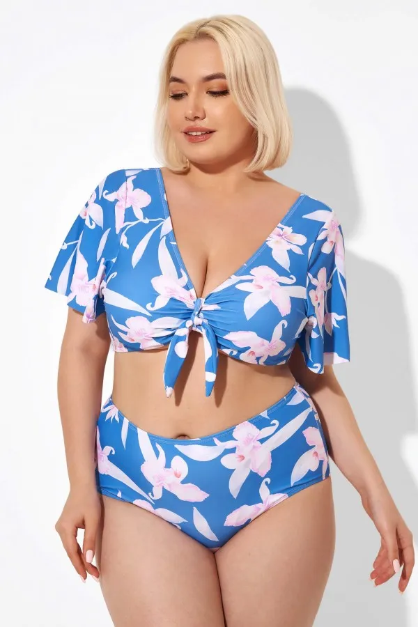 Blue Flower Print Bow V-neck Bikini Top