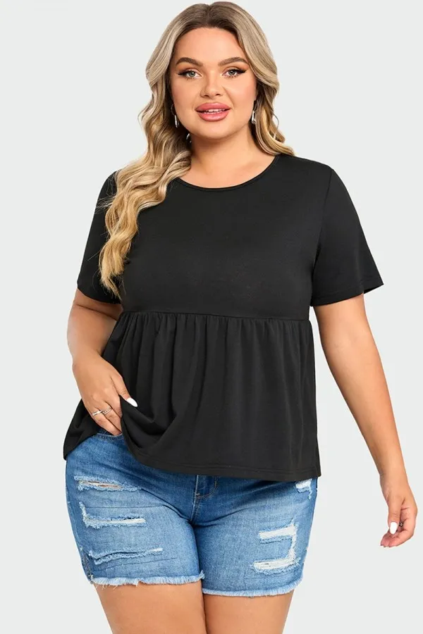 Black Peplum Short Sleeve Round Neck Top