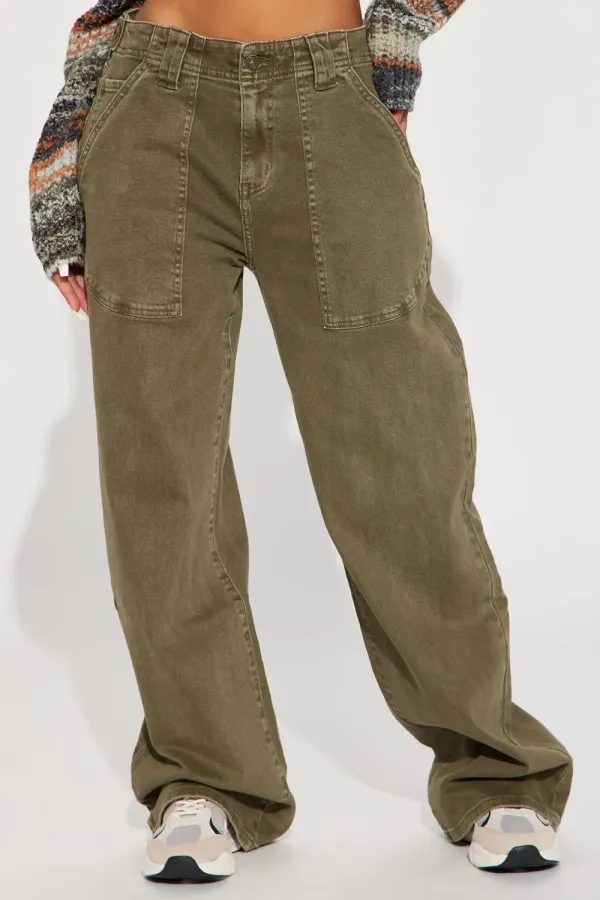Genuinely Drop Waist Baggy Utility Jeans - Olive