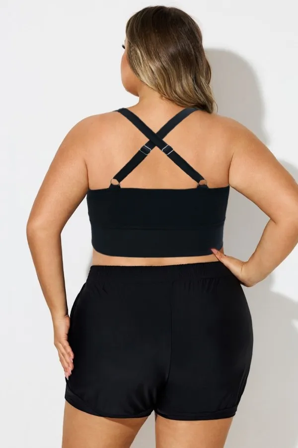 Solid Crossover Square Neck Adjustable Straps Bikini Top