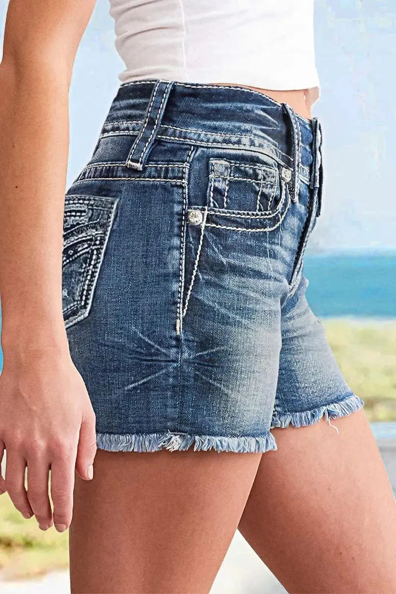 Ripped Raw Hem Rhinestone Detail Mid Waist Denim Shorts