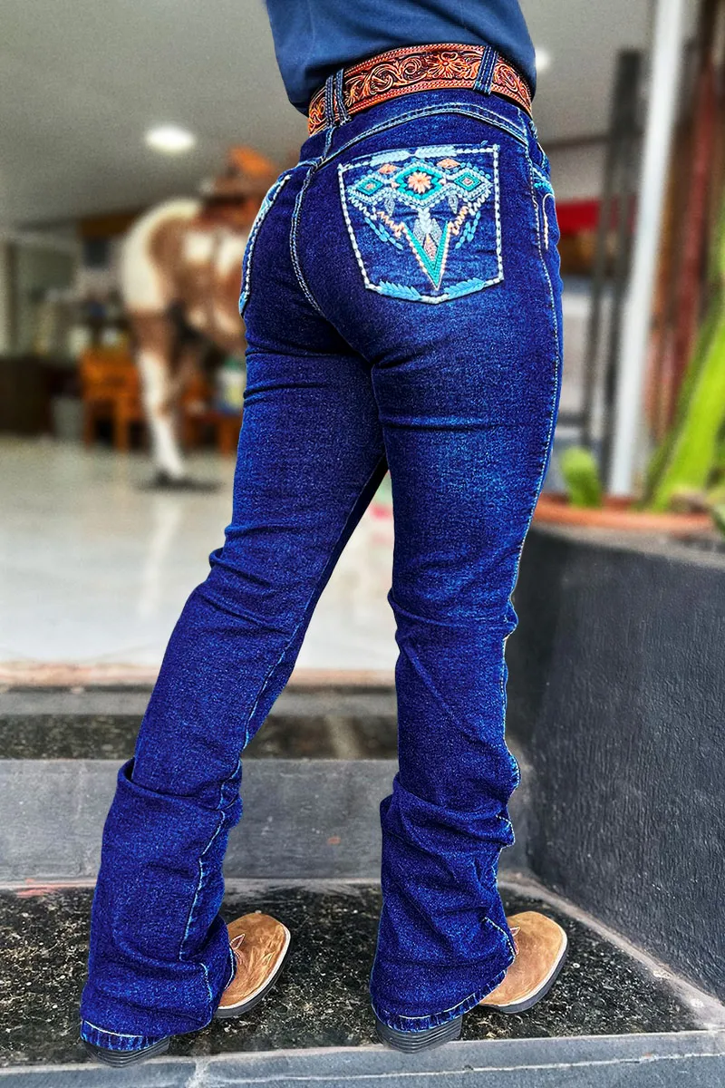 Wash Geo Embroidery Mid Rise Bootcut Jeans Without Belt