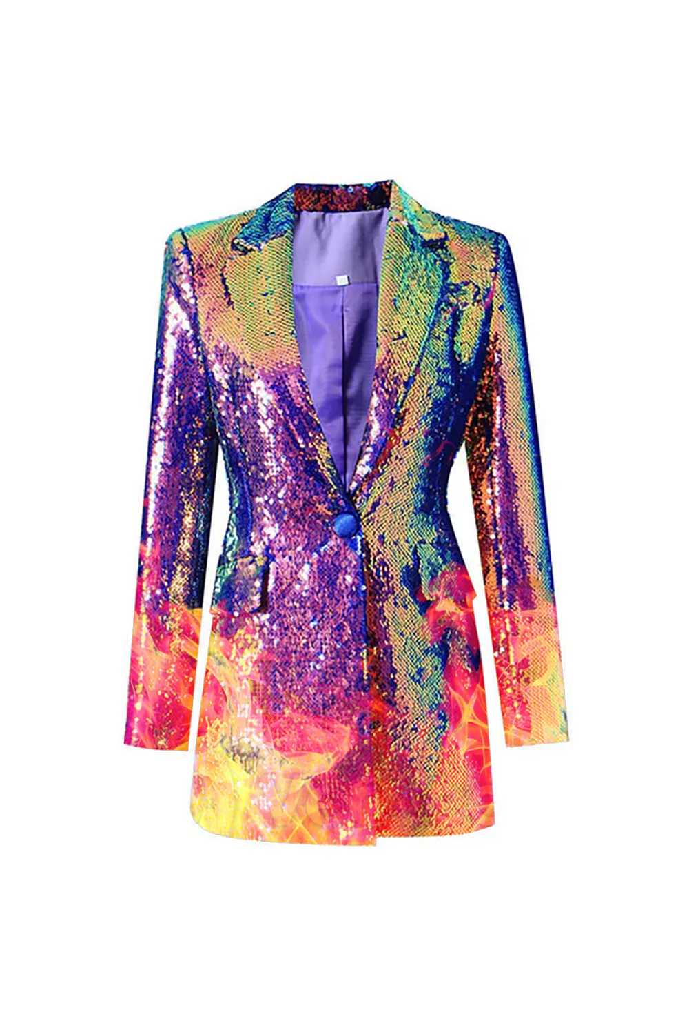 Iridescent Sequin Lapel Collar Long Sleeve Cinch Waist Metallic Party Blazer