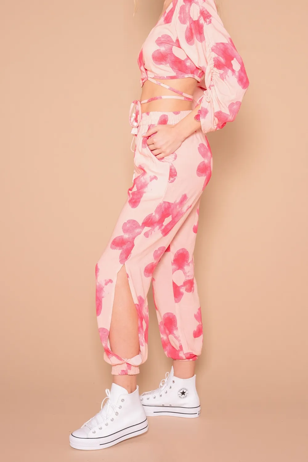 Pink And Red Tropical Print Wrap Crop Top