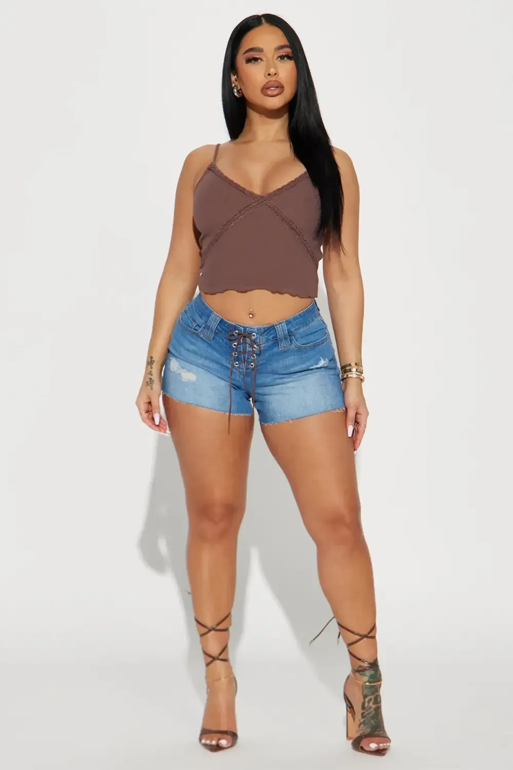 The Time Is Now Low Rise Lace Up Stretch Denim Shorts - Medium Blue Wash