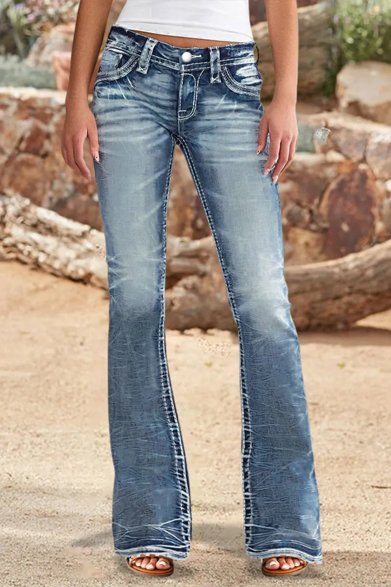 Wash Stretchy Ripped Detail Mid Waist Flare Jeans
