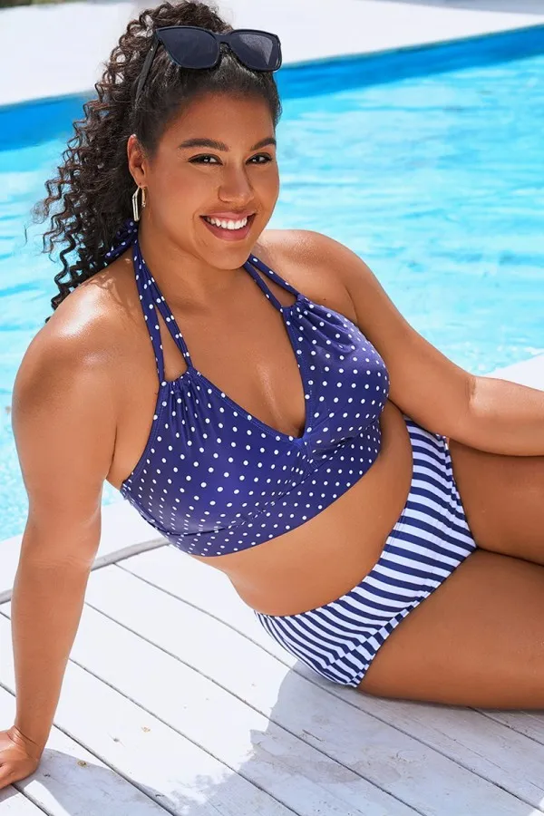 Blue Polka Dots Printed Halter Sexy Bikini Top