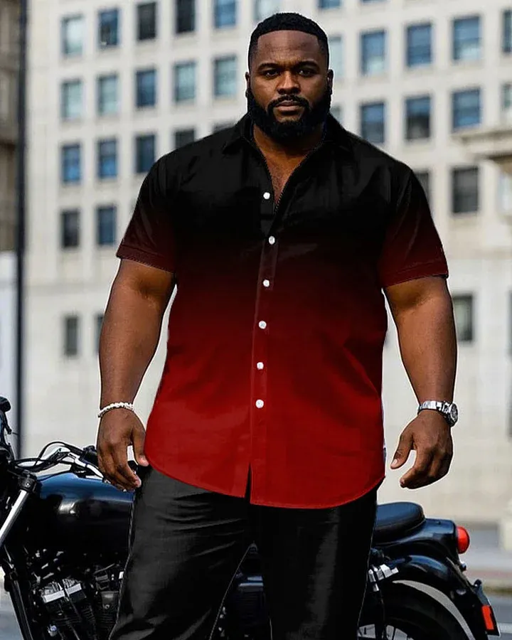 Big Men'S Business Black & Red Gradient Craft Short Sleeve Shirt Pants Set