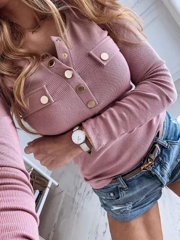 Daily Pocket Button Pure Color Long Sleeve T-shirt