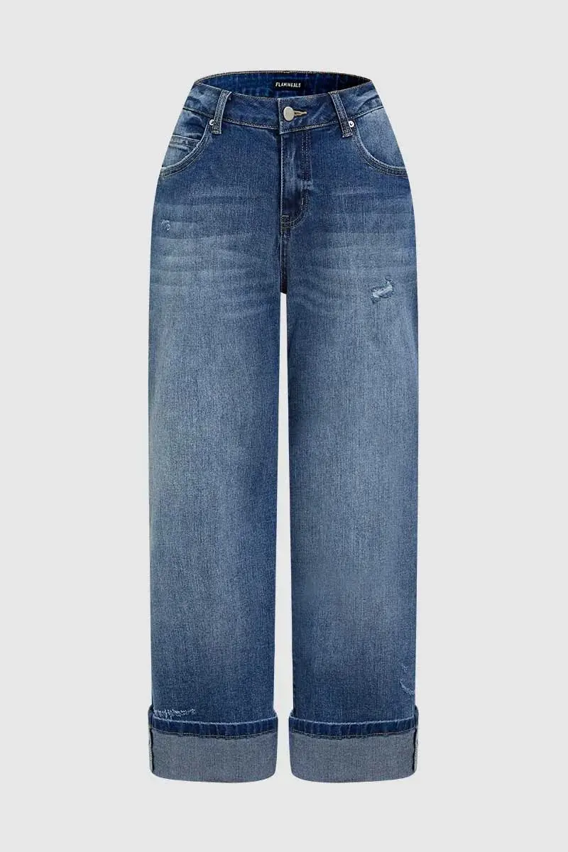 Wash Ripped Roll Hem High Rise Straight Leg Jeans Without Belt