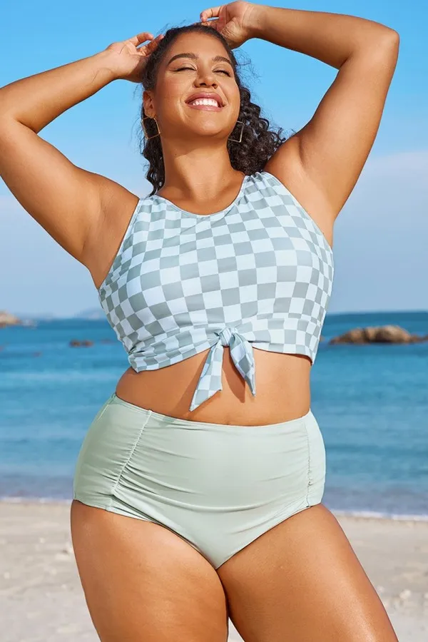 Plus Size White Check Knotted Crop Bikini Top