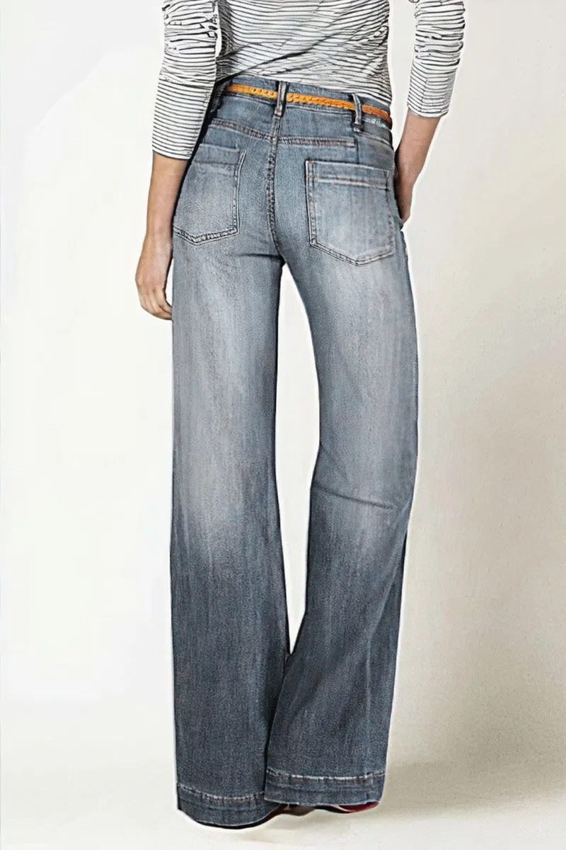 Washed Pocket Detail Low Rise Flare Jeans Without Belt