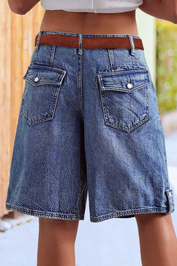 Wash Pleated Mid Rise Straight Leg Denim Bermuda Shorts Without Belt