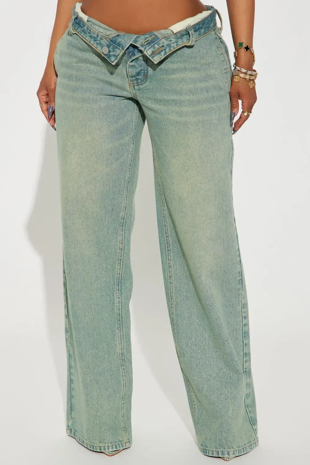 Frankie Foldover Tinted Wide Leg Jeans - Medium Wash