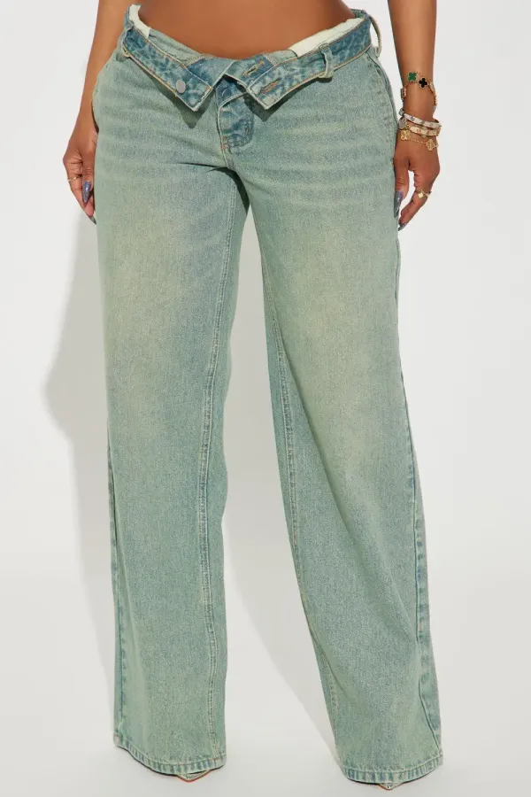 Frankie Foldover Tinted Wide Leg Jeans - Medium Wash