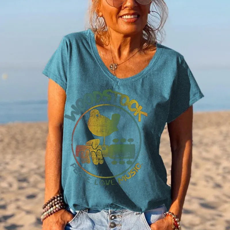 Woodstock Peace Love Music Bird And Guitar Design Women Tees