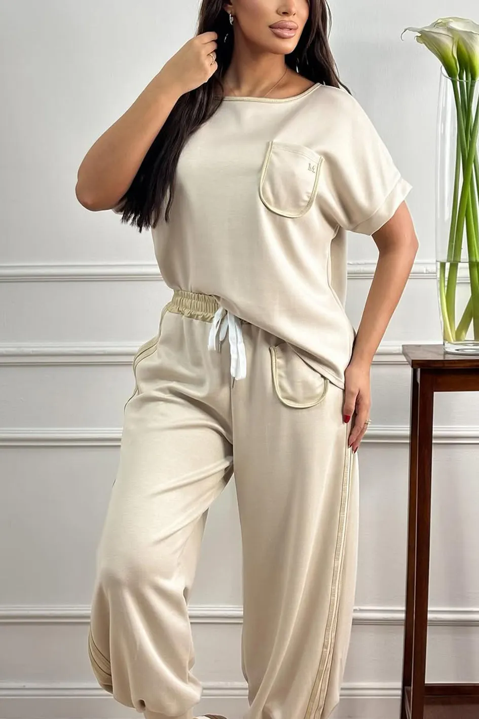 Women'S Contrasting Casual Top And Pants Two-Piece Set