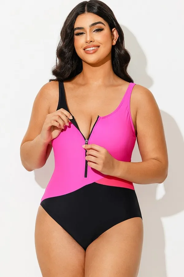 Black Pink Zip Front Colorblock One Piece Swimsuit