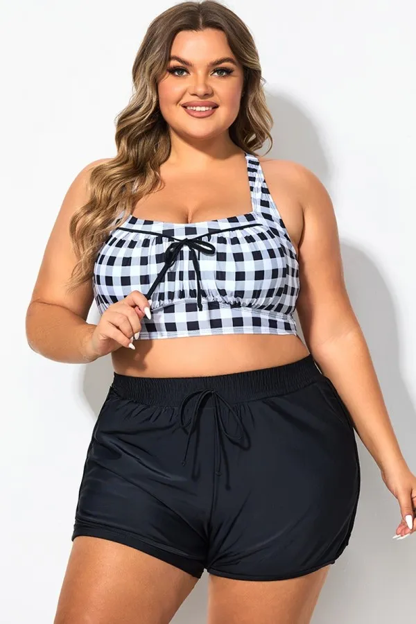 Retro Gingham Wireless Ruched Cups Crossback Bikini Top