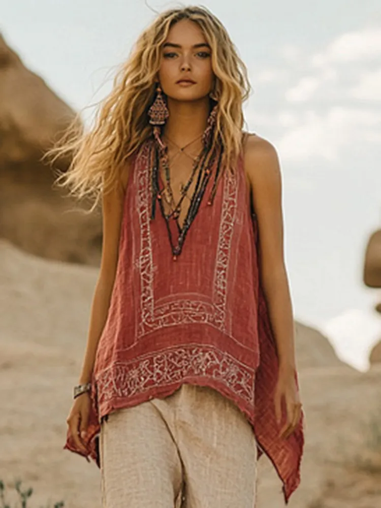 Women's Retro Bohemia Floral Ethnic Style Linen V-neek Sleeveless Top