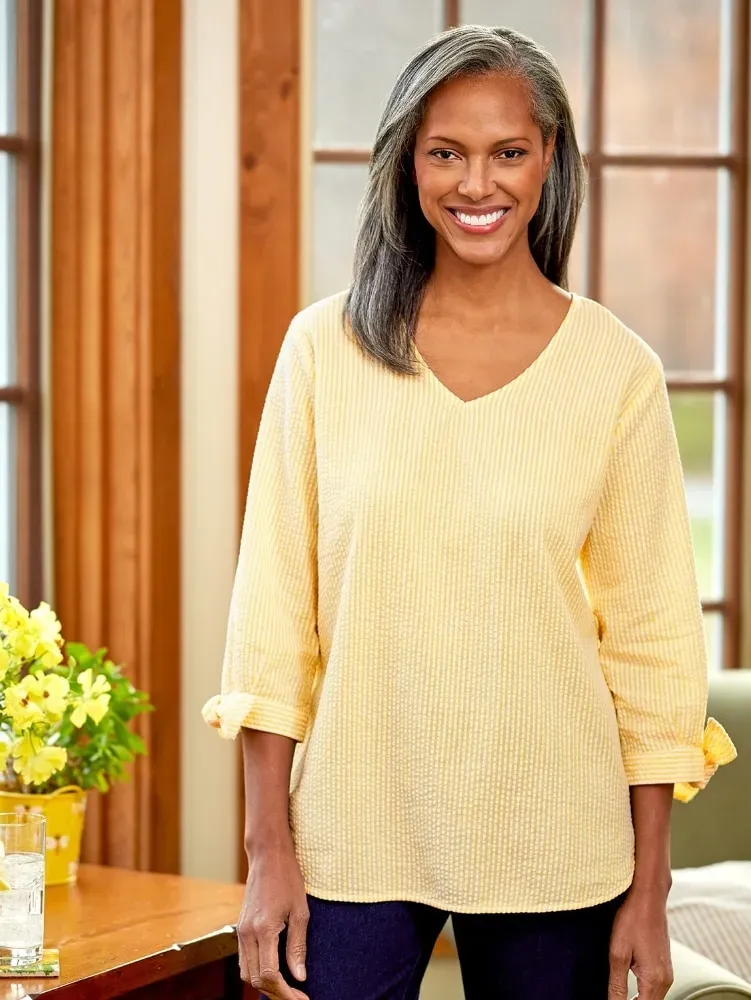 Seersucker Tunic Top With Tie Cuffs