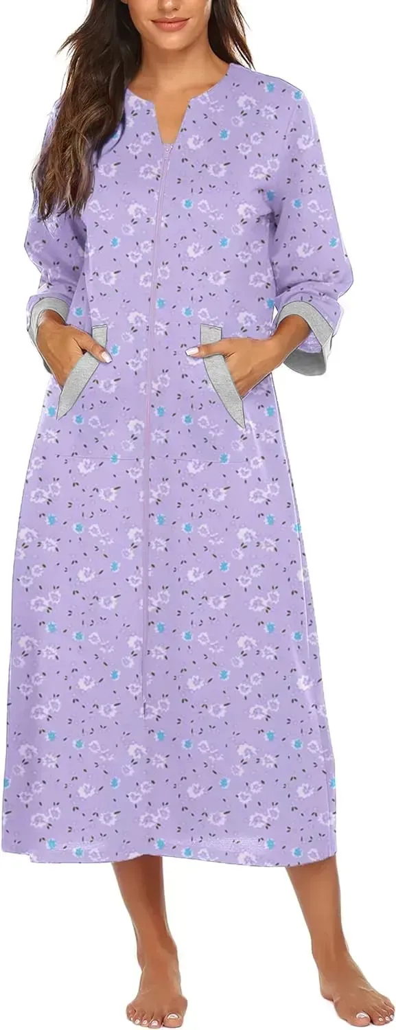 Women Zipper Robe 3/4 Sleeves Loungewear Dress Full Length Sleepwear Pockets Housecoat Nightgown Long Bathrobe